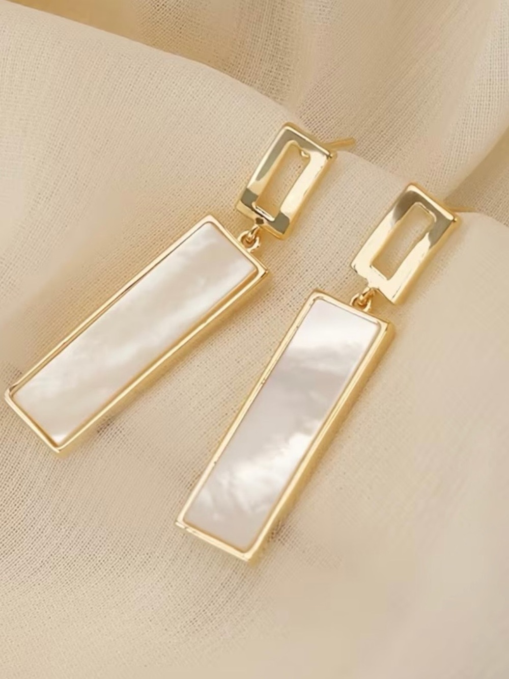Gold and Pearl Rectangular Drop Earrings